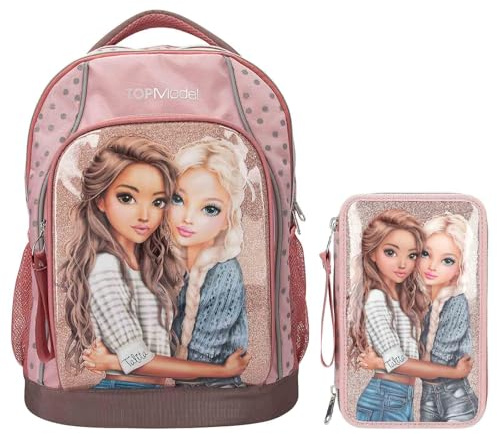 Depesche – TOPModel Dots – Schulrucksack und 3-Fach-Federtasche, mit Model Motiv, Punkte-Muster und Glitzer Schultasche mit verstellbaren Trägern, Federmappe mit Buntstiften, Schere, Lineal UVM