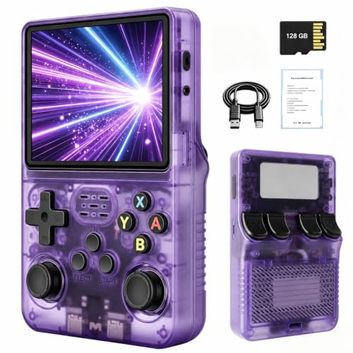 R36 Handheld Game Console, Retro Game Console with 128GB TF Card, 25000+ Classic Games, 3.5 IPS HD Screen, 3500mAh, Rechargeable Portable Retro Handheld Games Console (Transparent Purple)