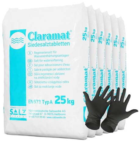 Claramat Siedesalz Tabletten 6 x 25kg (150kg) Siedesalztabletten Regeneriersalz Enthärtersalz inklusiv 1 Paar ARNOMED Einweghandschuh