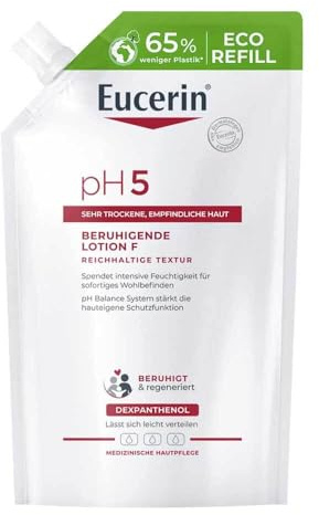 Eucerin pH5 Beruhigende Lotion Nachfüllbeutel 400 ml, reichhaltige Körpercreme mit Dexpanthenol & Glycerin spendet langanhaltend Feuchtigkeit, intensive Hautpflege für strapazierte, empfindliche Haut