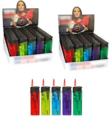 h2i Einwegfeuerzeuge Feuerzeuge 100 Stück, bunt mit Reibrad oder Jetflamme Sticker, Feuerzeug mit Auto Motiv, Feuerzeug einstellbare Flamme