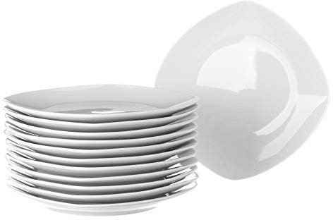 UNIMASA Juego de 12 platos llanos cuadrados blancos de porcelana de 25 cm. Configura tu vajilla completa moderna para 12 personas a tu gusto