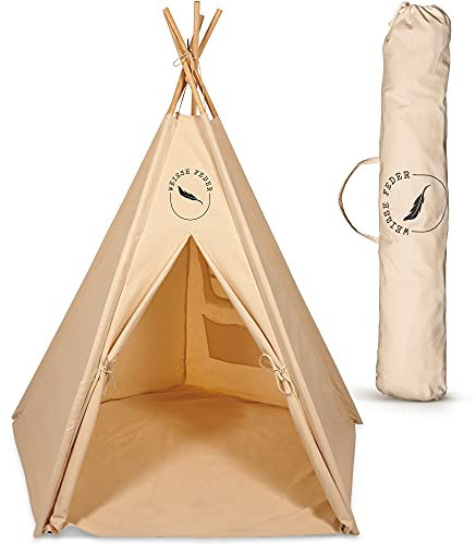 WEISSE FEDER Tipi Zelt für Kinder | Spielzelt für Mädchen & Jungen | Ideal für jedes Kinderzimmer | Besonders stabil & robust | Tipi Kinderzelt für drinnen und draußen I Jetzt selbst anschauen!