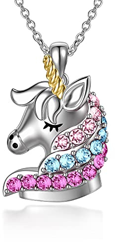 AOBOCO Sterling Silber Einhorn Anhänger Kette mit Kristallen, Einhorn Schmuck Geburtstag Geschenke für Mädchen Frauen Tochter (Mehrfarbig 1)
