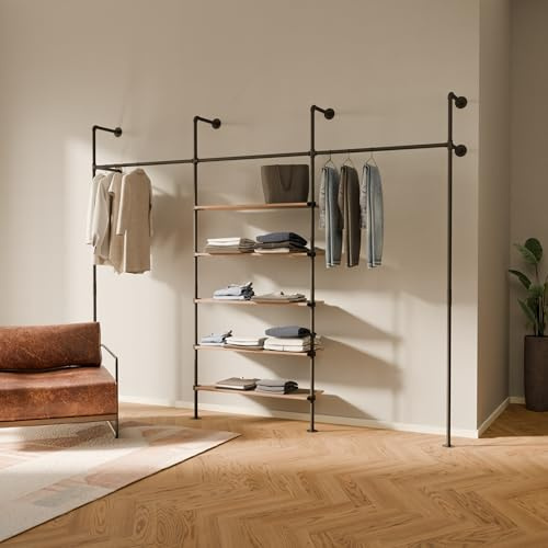 pamo Offener Kleiderschrank Wandmontage Industrial – Begehbarer Kleiderschrank System mit Eichenholz-Regal | Wandsystem aus Wasserrohren Metall schwarz | 340 kg Traglast | 296 x 222 cm