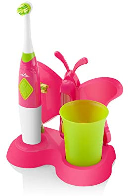 ETA Zahnbürste für Kinder - Kinderdesign, Etiketten, Rotationskopf, praktischer Ständer mit dem Becher und Sanduhr, Rot