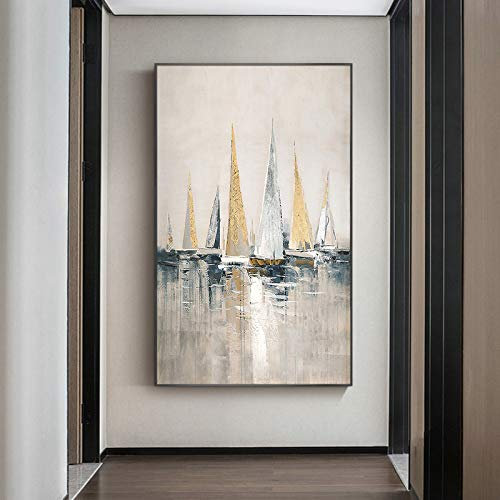 Ölbilder Auf Leinwand Handgemalt,100% Handbemaltes Acrylgemälde Abstraktes Segeln Gold Foil Artwork Extra Große Horizontale Wandkunst Malerei Für Wohnzimmer Büro Dekorationen, 100X200Cm (39.4X78