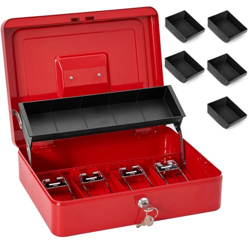 Sgorlds Large Locking Cash Box with Key Lock and Money Tray, Money Box with Cash Tray, Lock Safe Box for Office Business, 11.8 x 9.5 x 3.5, Red