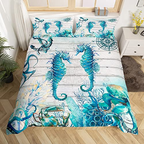 Hippocampus Duvet Cover Set Double Size, Sea Turtle Seahorse Octopus Comforter Cover with 2 Pillowcases, Nautical Anchor Compass Bedding Set 3pcs for Kids Boy Girls Marine Life Bedspread Cover