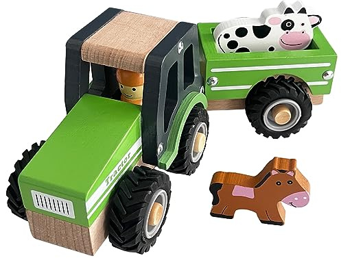 WoodenEdu Wooden Tractor Toys for Toddlers 1-3, Baby Vehicle Toys Hand Push Car Toys for 1 2 3 Year Old Boys Girls (Green)