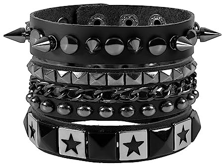MILAKOO Lederarmband für Männer Sterne Nieten Armbänder Herren Gewebtes Armreifen schwarz 3pcs