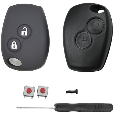 SLshiBo Renault Schlüssel Gehäuse 2 Tasten Autoschlüssel Gehäuse und Silikon Hülle mit 2 Mikrotaster Taster und Schraubendreher für Renault Kangoo Modus Clio Master Trafic Twingo Switch und Dacia