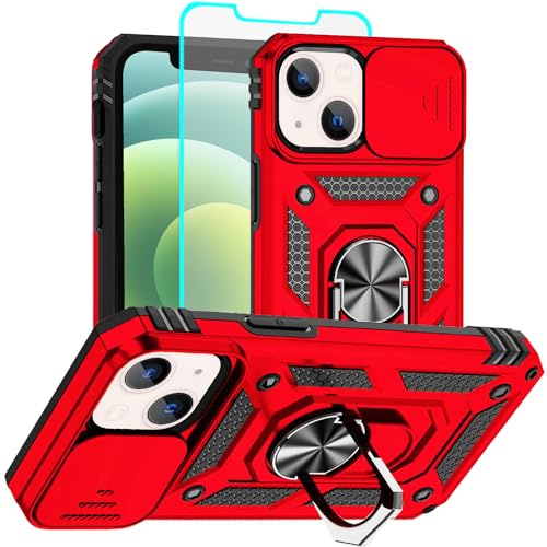 Aozuoton for iPhone 12 Mini Case with Screen Protector：Dual Layer Military Grade Drop Protection Magnetic Ring Kickstand - Camera Lens Protective Phone Case for iPhone 12 Mini red