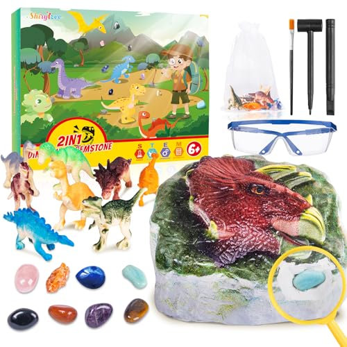 Shirylzee Ausgrabungsset für Kinder, 2IN1 Dinosaur & Edelsteine Ausgraben Set mit 8 Mineralien Steine & 6 Dinosaurier Figuren, Dino Spielzeug Geschenk Kinderspielzeug ab 6 7 8 9 10 Jahre