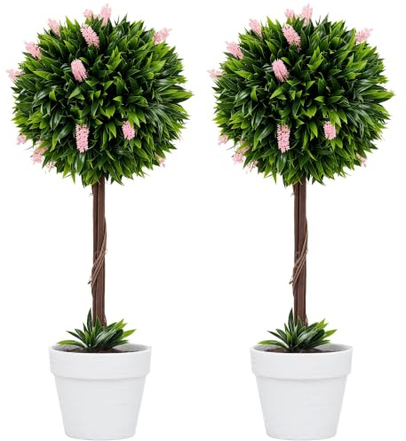 HOMCOM Set of 2 Artificial Lavender Topiary Ball Trees UV Resistant, Pink | 60 cm, Decorative Fake Plants in White Pot, Faux Lavender Flowers, Indoor Outdoor Decor