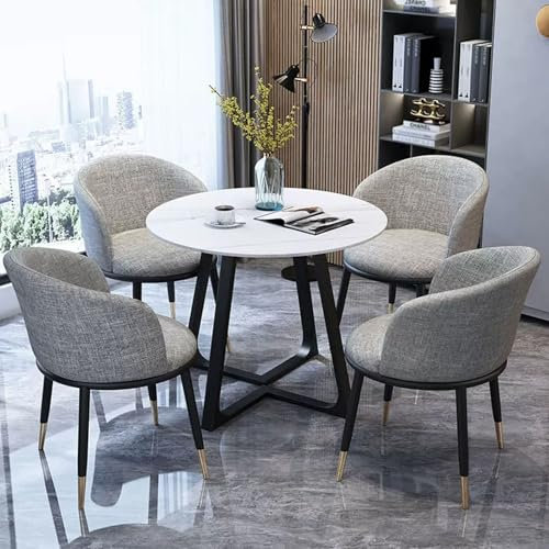 Snaweo Tisch-Stuhl-Kombination für Den Empfang, Empfangstisch und Stuhlkombination, 80cm Großer Runder Marmortisch und 5-teiliger Stuhl mit Rückenlehne Aus Baumwollleinen(Gray)
