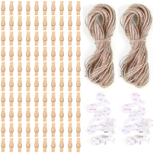 Mini Pince a Linge Bois,Pinces À Linge en Bois,Mini Pince À Linge,Clips Photo en Bois,100 Pcs Mini Pinces À Linge Multicolores,Mini Pinces À Linge Décoratives en Bois avec Corde De Jute Et Crampons