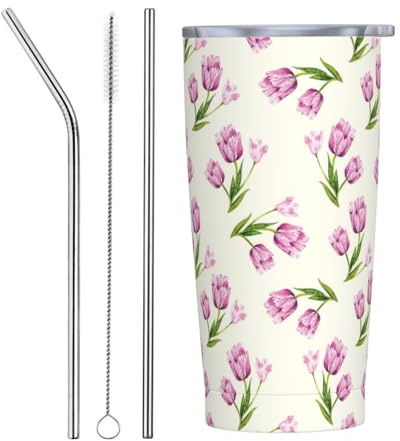 Vaso de 20 onzas con tapa y pajita, tulipanes, flores, hojas verdes, vaso aislado de acero inoxidable, vaso de café personalizado, taza de viaje, botella de agua