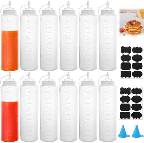 LOLYSIC 12Pcs Squeeze Bottles, 1000ml 32oz Large Squeezy Bottles with Nozzles, Refillable Plastic Condiment Sauce Bottle for Ketchup Salas BBQ Sauce Syrup Dressings, with 2 Funnels & 2 Stickers