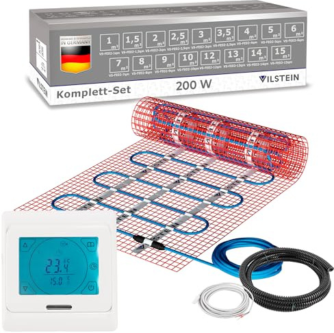 VILSTEIN Elektrische Fußbodenheizung 200W/m² – IP67 Turbo-Heizmatte | geeignet für Fliesenboden, Laminat & mehr, Twin Technologie, 4mm dünn, Touchscreen-Thermostat 16A, Komplettset 1m²