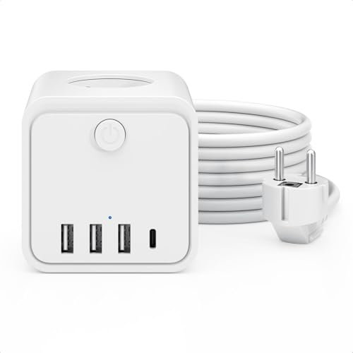 Cube Multiprise USB 3 Prises avec 3 Ports USB USB-C Chargeur de Rapide 20W Bloc Multiprises avec Interrupteur Cable 2m pour Cuisine Bureau Tablette Rallonge Électrique Multiprise (Blanc, 2M)