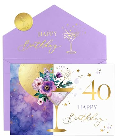 Joli Coon Geburtstagskarte 40 ELEGANT, florale Martini-Illustration | 200g Baumwollpapier, Goldveredelung, fliederfarbenes Kuvert, goldener Siegelsticker, für persönliche Geburtstagswünsche
