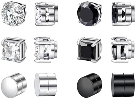 6 Paare Magnetische Ohrstecker, Edelstahl Magnet Ohrringe für Herren, Silber Schwarzer Cubic Zirkonia Ohrstecker, Nicht Piercing Clip auf Ohrstecker Ohrringe für Männer Junge Frauen 6MM