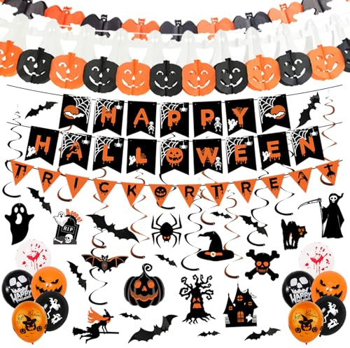 TOEKSIX Halloween Decorations Indoor Set – Reusable Happy Halloween Banner, Bunting Garland, Trick or Treat Sign with Spooky Hanging Decorations for Party, Home & Office