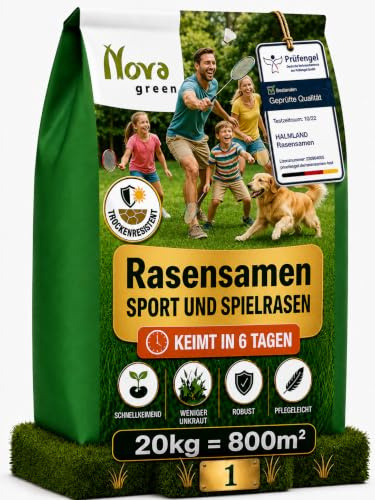 Rasensamen Sport und Spielrasen schnellkeimend 20kg | Grassamen Rasensaat | 20kg = 800 m², Sommer, für Rasen Ansaat & Nachsaat, SEHR GUT getestet, trockenresistent, inklusive Anleitung