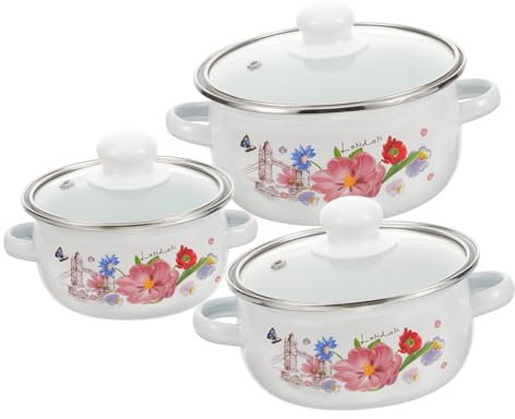 FUNNETOYU 3pezzi Pentola Smaltata Vintage da Cucina Motivo Floreale retrò Fondo Piatto per Riscaldamento Uniforme per Casa e Ristorante