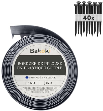 BAKOKI Bordure de pelouse Flexible (10 m | 40 piquets d'ancrage | 8 cm de Hauteur) - en Plastique Gris - Bordure de pelouse résistante aux intempéries - Bordure de Parterre de Fleurs - Bordure de