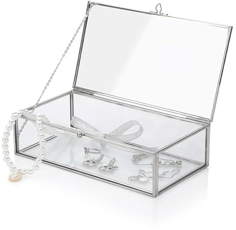 OLegei Boîte à bijoux rectangulaire en métal et verre, argenté, L | Coffret à bijoux avec couvercle, Rangement pour bagues et bracelets, Cadeau pour Fête des Mères, Mariage, Anniversaire