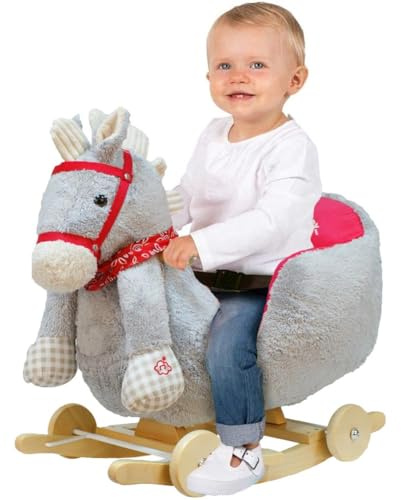 Bakaji Cavallo a dondolo in legno struttura basculante con ruote Cavallino Poni 2 in 1 con Poltroncina e divertente suoneria per i più piccoli (Grey)