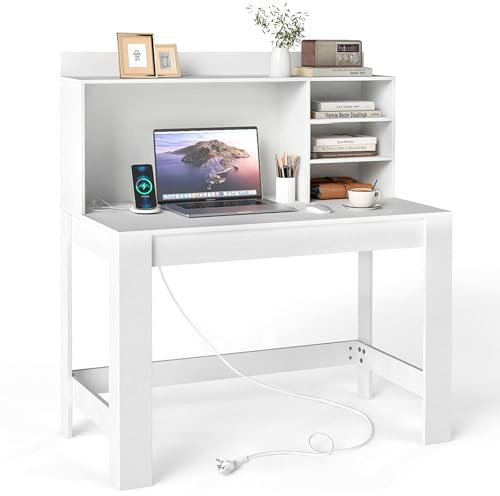COSTWAY Scrivania per Computer con Libreria, Scrivania Salvaspazio in Legno con Stazione di Ricarica e Foro per Cavi, Scrittoio Moderno per Ufficio, Soggiorno e Studio, 108 x 60 x 125 cm (Bianco)