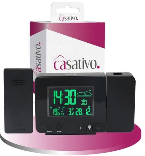 Casativo Projektions-Wecker mit Funk-Wetterstation, USB-Port, Aussensensor, schwarz, Zeitanzeige, Kalender, Temperaturanzeige Innen und Aussen