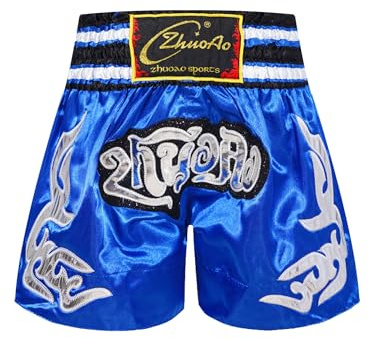 Kaerm Pojke, Muay Thailändsk figur, shorts, barn, thaishorts, korta thaiboxningsbyxor, träningsbyxor, premium boxning, shorts för thaiboxning, kickboxning, boxning, blå, 170