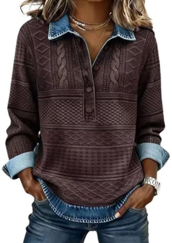 Generisk damdenimtröja med krage och knappslå vintage våffelstickad jeanströja i lappteknik design casual blus som stickad topp, 05, S