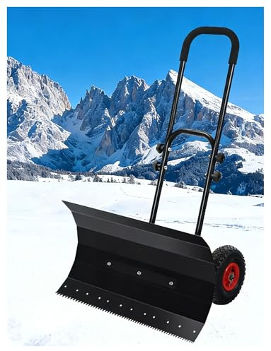 Pala da neve con ruote, pala da neve in metallo, manico regolabile in altezza e angolazione, rimozione della neve senza sforzo, for vialetti e marciapiedi(Double bar,Serrated edges)