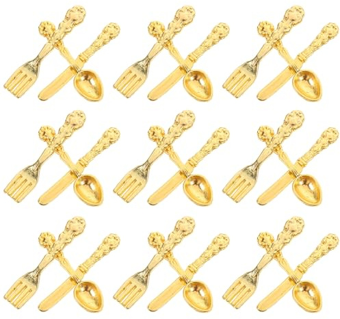 GARVALON Set 36 Pezzi Mini Posate in Lega per Casa delle Bambole Micro Stoviglie da Pranzo in Miniatura Dorate Accessori Realistici per Gioco e Arredamento Mobilia Giocattolo