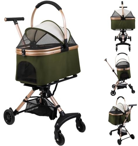 Homewell Vikbar kattvagn, hundvagn med avtagbar korg, säkerhetssele och mugghållare, resevagn, djurvagn, upp till 20 kg (armégrön)