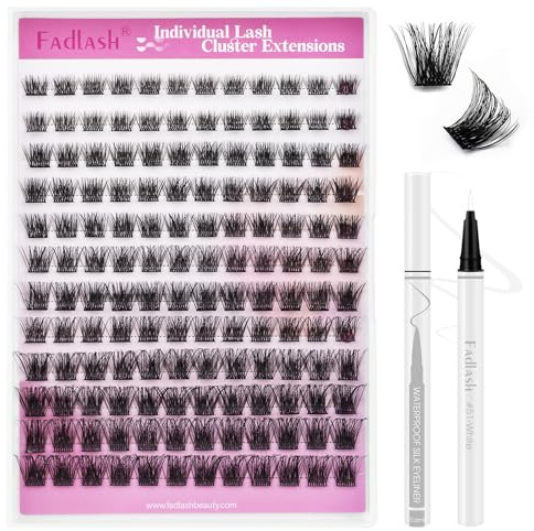 FADLASH Extensions de cils clusters individuels 120 pièces avec eyeliner blanc - Cils wispy 40D 0.07D curl 8-16mm, plateaux mélangés, cils artificiels DIY formes multiples