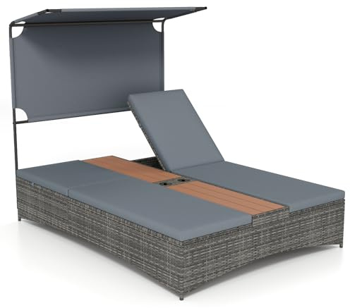 COSTWAY Sonnenliege 2 Personen, Rattan Doppelliege mit Dach, verstellbaren Rückenlehnen, Auflage, mittlerem Tisch & Getränkehaltern, Doppel Gartenliege, Sonnenbett, Loungebett für Garten (Grau)