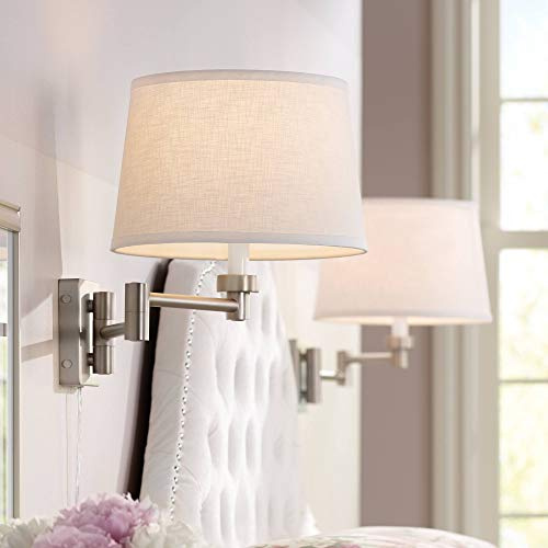 Possini Euro Design Modern Swing Arm Wall Mounted Lamps Set of 2 Brushed Nickel Plug-in Light Fixture Dimmable White Linen Drum Shade for Bedroom Bedside House Reading Living Room Home Dining