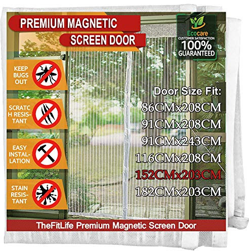 TheFitLife Magnetic Fly Screens for Doors - Heavy Duty Mesh Curtain with Full Frame Hook and Loop Powerful Magnets That Snap Shut Automatically