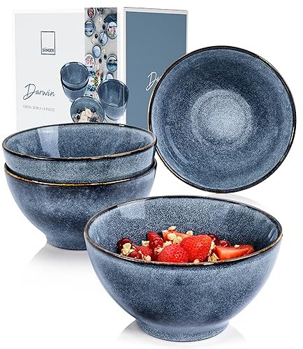 SÄNGER | Müslischalen Darwin 4 tlg, Müsli Schüssel Set 4 Personen, Steingut Bowl Schüssel, Schalen Set Spülmaschinenfest, Bowl Schale Schälchen Multifunktional Blau 800 ml | PREMIUM COLLECTION