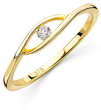 Orovi Anillo para mujer de oro amarillo de 9 quilates 0,05 ct con diamante solitario y diamante brillante, Diamante