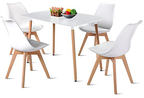 DORAFAIR Rechteckiger Küchentisch und Stühle, 4er-Set, Spleißbrett-Design, MDF-Tischplatte und Beine aus Buchenholz, 4 weiße Esszimmerstühle + weißer Tisch (110 cm), platzsparend