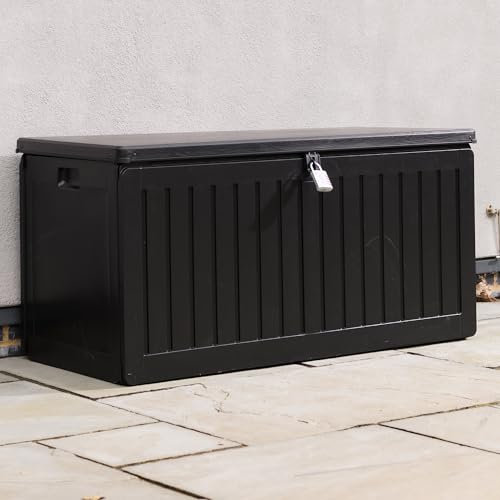 Olsen & Smith 270L Sit-On Garden Storage Box – Weatherproof Outdoor Plastic Shed Seat with Padlock, Lockable Wood Effect Chest for Patio, Deck, and Garage (Black, 270 Litre)