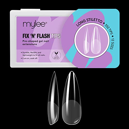 Mylee Fix N Flash Capsules en Gel Souple 552pcs, Extensions Ongles Nail Art | Capsules Américaines, Souples et Résistantes, 12 Tailles Différentes, Conviennent à Tous les Ongles (Stiletto Long)