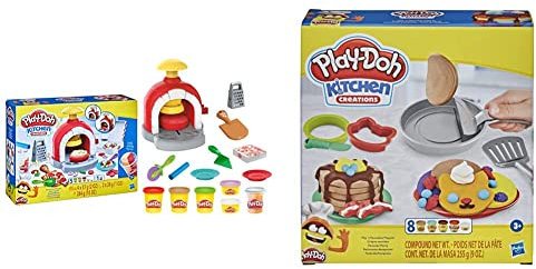 Play-Doh Kitchen Creations Pizza Oven Playset with 6 Cans of Modeling Compound and 8 Accessories & Kitchen Creations Flip 'n Pancakes Playset 14-Piece Breakfast Toy for Kids 3 Years+